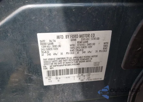 2016 Ford Edge Sport from USA, damaged, VIN 2FMPK4AP9GBC05249